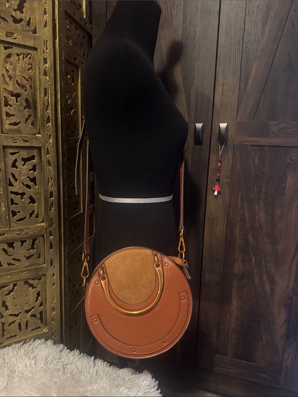 Round Tan Leather Crossbody Bag with Gold Accent rose tone~